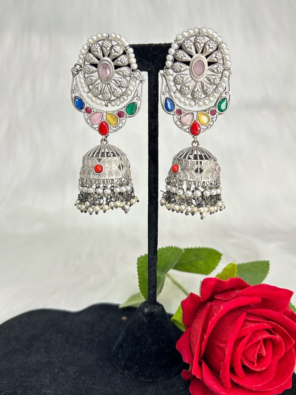 Multi-Color Silver Jhumka Earrings with Pearls